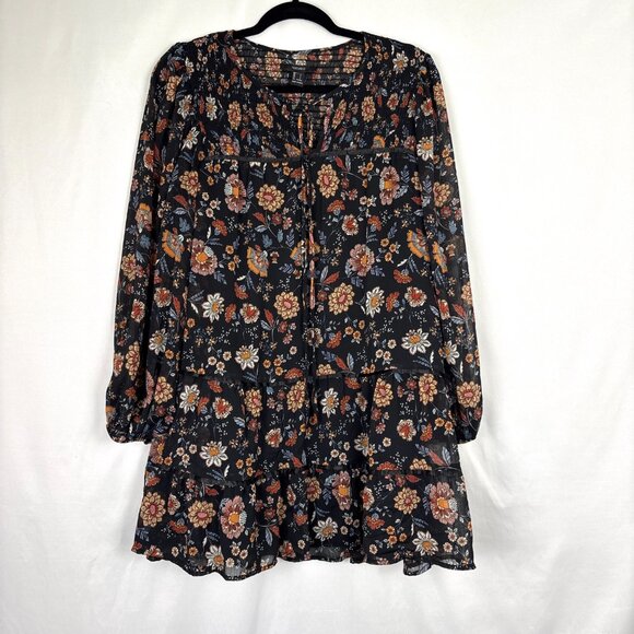 Forever 21 Black Floral Boho Babydoll Mini Dress Women’s‎ Large Tiered Skirt - Picture 2 of 16
